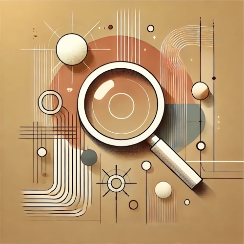 Illustration abstraite avec loupe, lignes et cercles – symbolise la recherche ciblée et l’accès rapide au contenu pertinent.