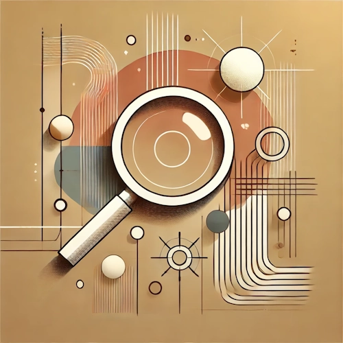 Motif abstrait avec loupe, lignes et éléments circulaires – symbolise la saisie directe, la mise en évidence des résultats et une navigation efficace.