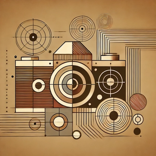 Illustration abstraite d’un appareil photo avec lignes et cercles – symbolise la gestion des images, la conservation des originaux et l’optimisation automatique.