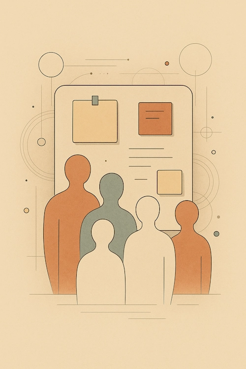 Groupe stylisé devant un mémo-board numérique – symbole de collaboration et de planification partagée.