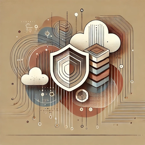 Illustration abstraite avec nuage, pile de serveurs et bouclier – symbolise un stockage de données sécurisé en Suisse.