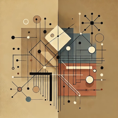 Composition abstraite de lignes, de points de connexion et de surfaces divisées – symbolise la séparation stricte des données et des informations de paiement.