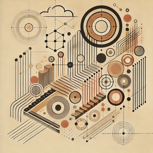 Image abstraite avec cercles, lignes et niveaux – symbolise une collaboration structurée dans la recherche avec des rôles d’accès distincts.